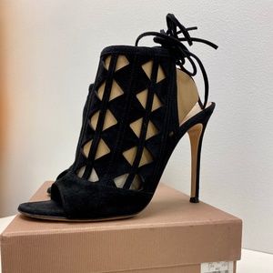 GIANVITO ROSSI BLACK SUEDE CUTOUT MAXINE SANDALS SIZE 38.5